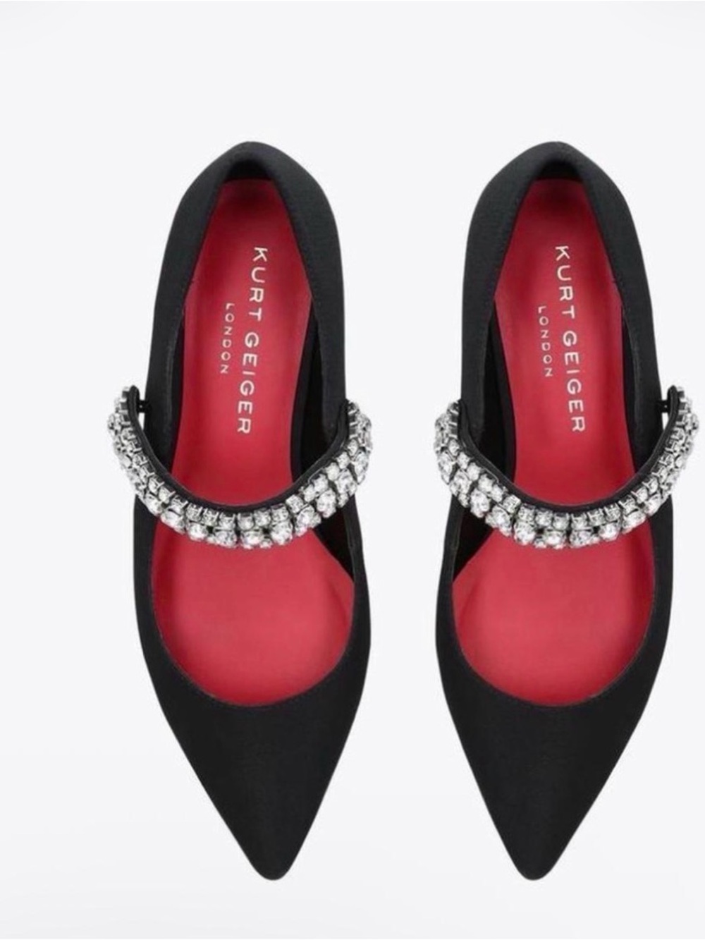 Kurt Geiger Black Pointed Mary Jane Flats with Red Insole and Crystal Strap